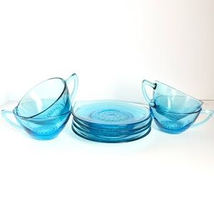 SET TWO 4 Vintage Hazel Atlas Capri Blue Aqua HOBNAIL Cups & Saucers *read*